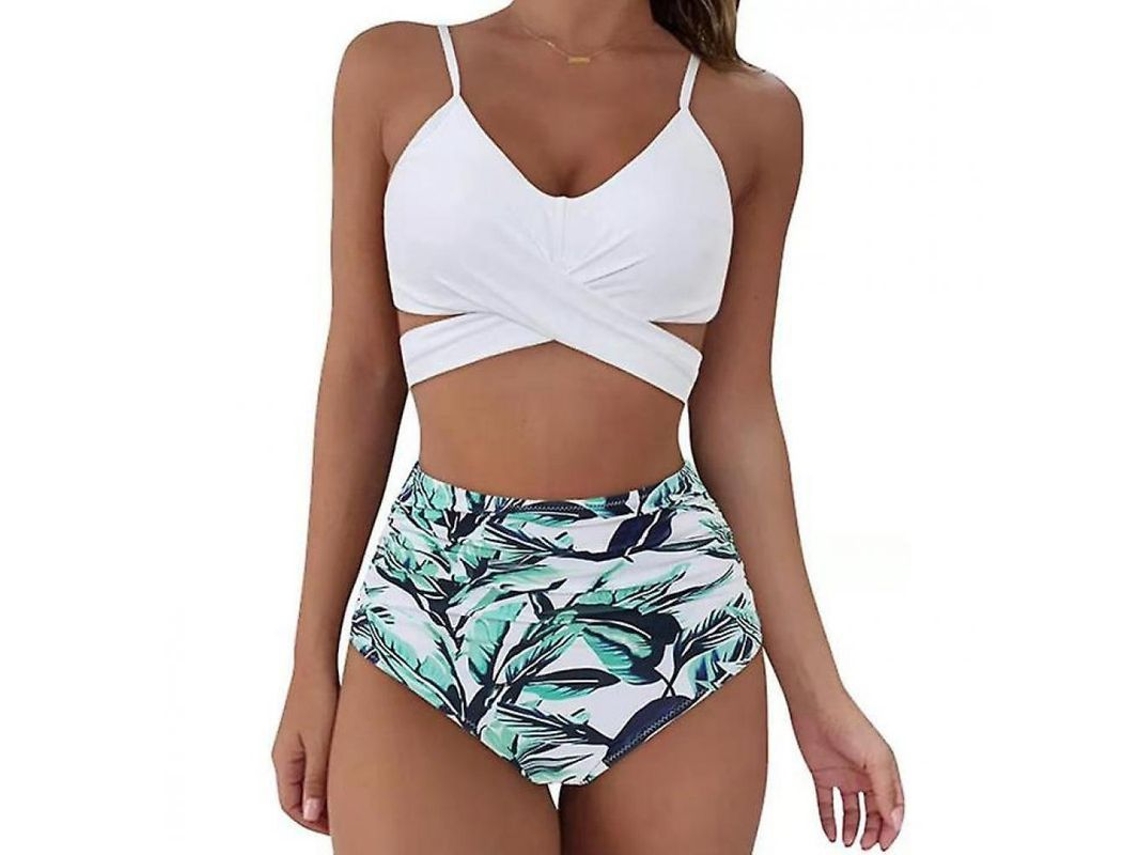 Traje De Baño De Dos Piezas De Leopardo Para Mujer Con Cintura Alta Y Sujetador Push Up M Branco