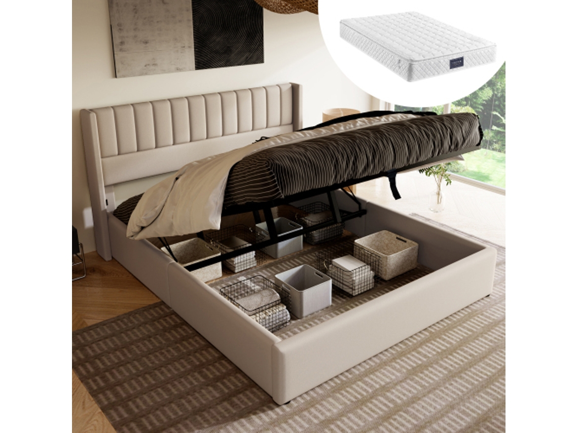 Cama de casal 140x200cm, feita de madeira e metal, robusta, durável, design prático, fácil de montar, qualidade superior, colchão não incluído.