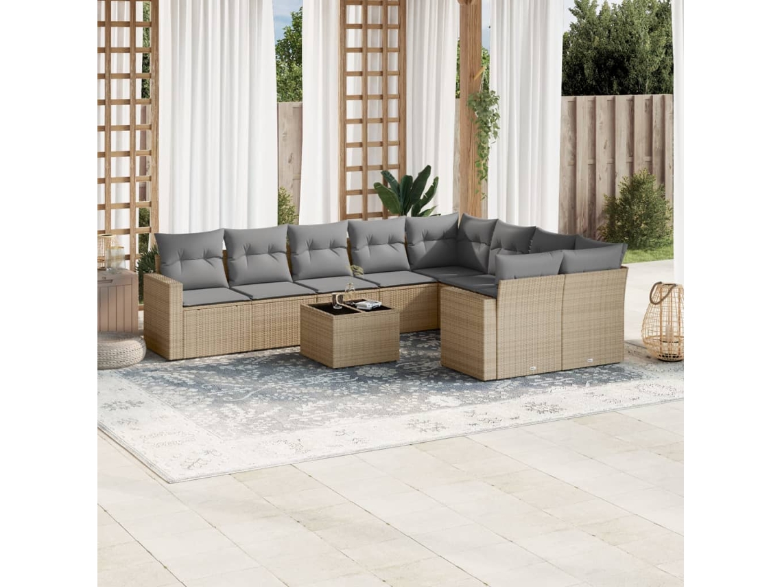Vidaxl 10 Pcs Conjunto De Sofás P/ Jardim Com Almofadões Vime Pe Bege