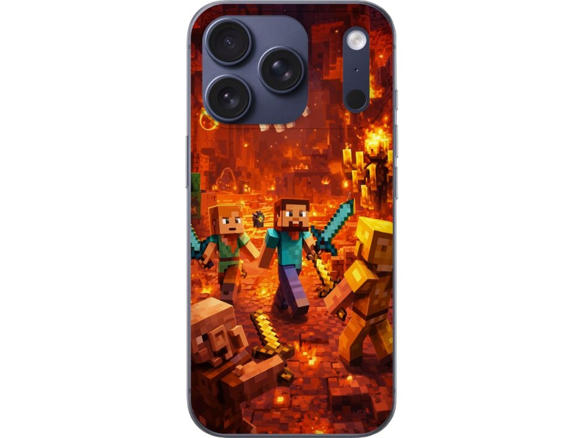 Capa Para Celular Compatível Com Apple Iphone 17 Pro. Cena De Batalha De Jogo De Blocos Em Uma Caverna Em Chamas Com Fantasmas Voadores E Monstros Fla