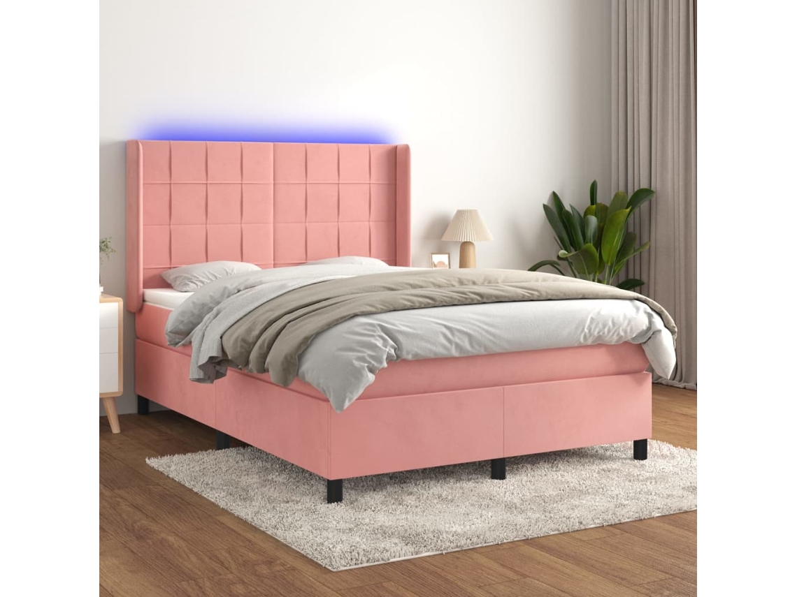 Vidaxl Cama Box Spring C/ Colchão/led 140x190 Cm Veludo Rosa