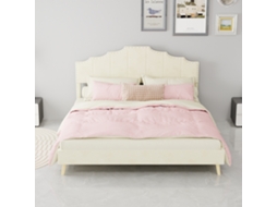 Cama Macia Minimalista Moderna, Cabeceira Confortável, 160x200cm, Bege, Móvel De Quarto Multifuncional, Base Baixa Sem Pistão A Gás, Sem Colchão.
