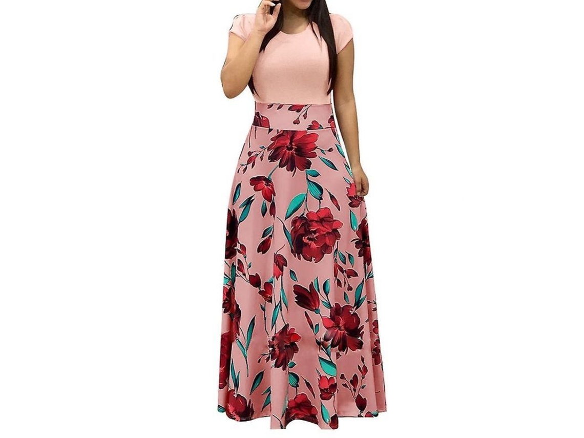 Vestido longo Rebe feminino com estampa floral, manga curta e gola redonda, ideal para festas na praia, tamanho P, rosa.