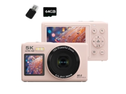 Câmera Digital Compacta para Estudantes e Selfies 5k 80mp, Zoom 18x e Foco Automático Af, Flash Integrado, Transmissão Wi fi, Cor Rosa DIGISAND