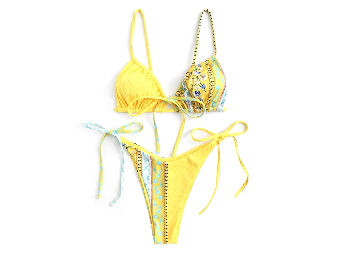 Traje de Banho Feminino Amarelo Alto Cintura Sem Costas Verão