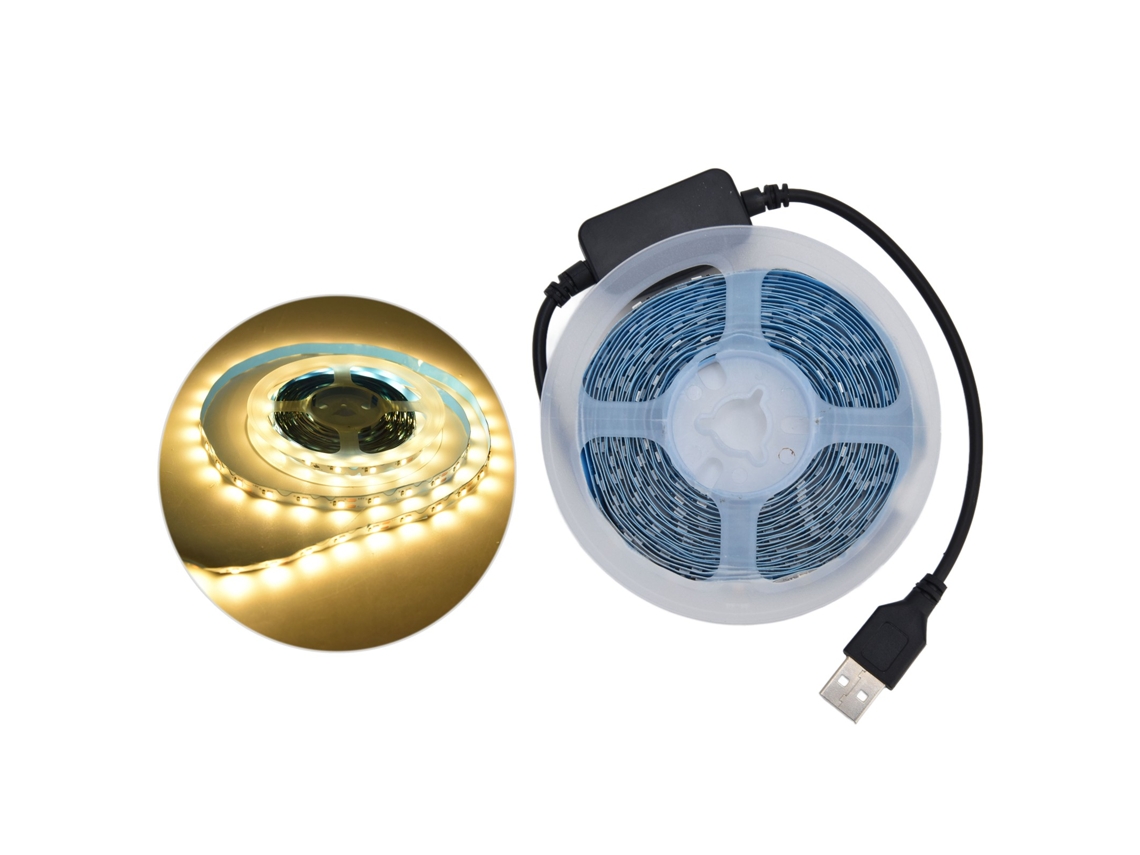 Fita de luz LED com sensor de movimento, 5V USB, luz quente, para armários e guarda-roupas, 5m