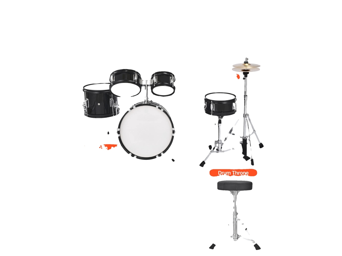 Bateria Infantil, Conjunto Completo De 5 Peças, Banqueta Ajustável Incluída, 14 Polegadas Preto