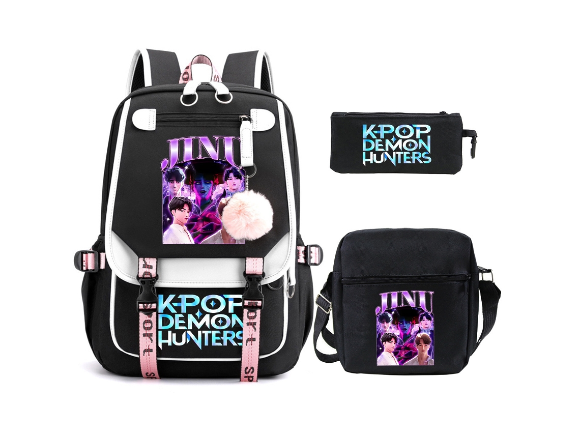 Mochila Escolar De Anime Conjunto De Três Peças, Com Bolsa Transversal E Estojo, Grande Capacidade, À Prova D'água Estilo 3 Preto
