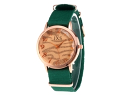 Relógio de pulso unissex vintage simples em couro nylon verde com mecanismo de quartzo.