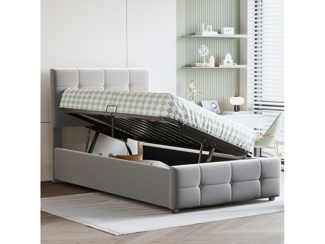 Cama estofada com arrumação, 90x200 Cm, hidráulica, cabeceira ajustável, veludo cinza VSOGA