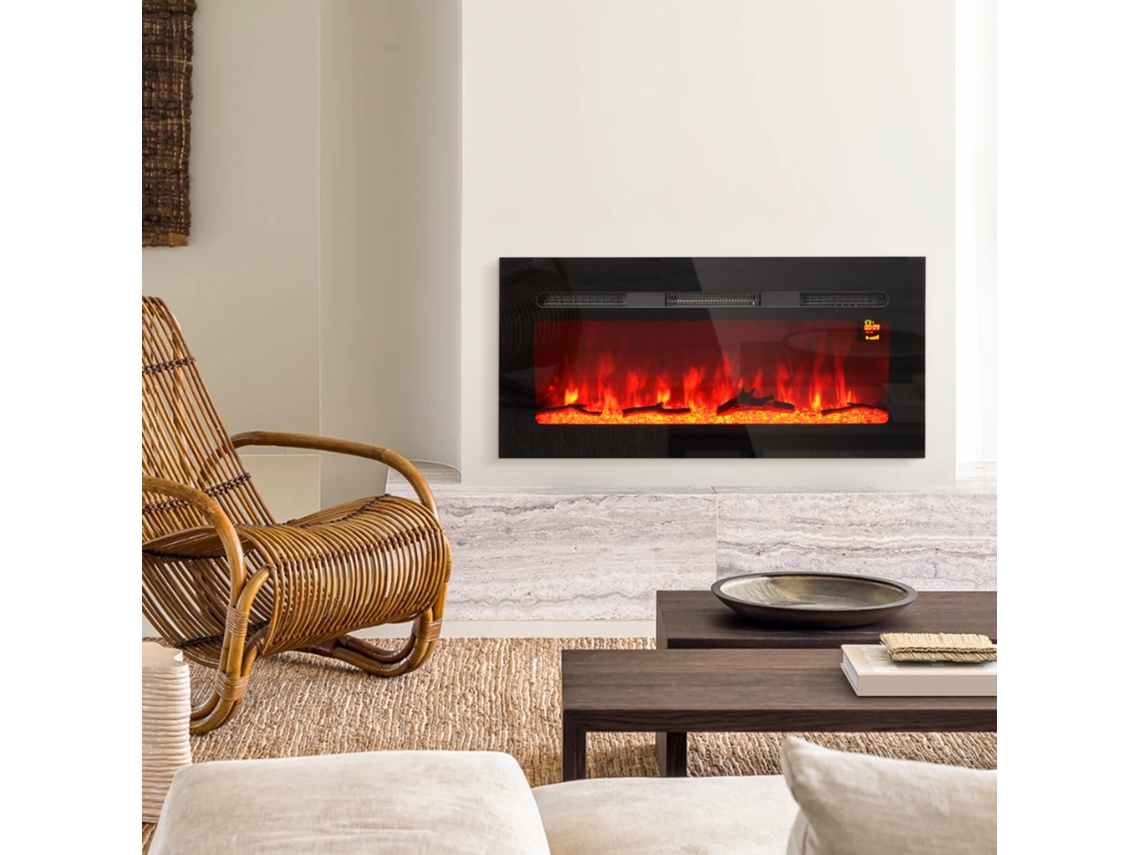 Lareira Elétrica Com Suporte De Parede E Controle Remoto, Troncos Madeira Cristais Artificiais, Potência 1800w, Preta
