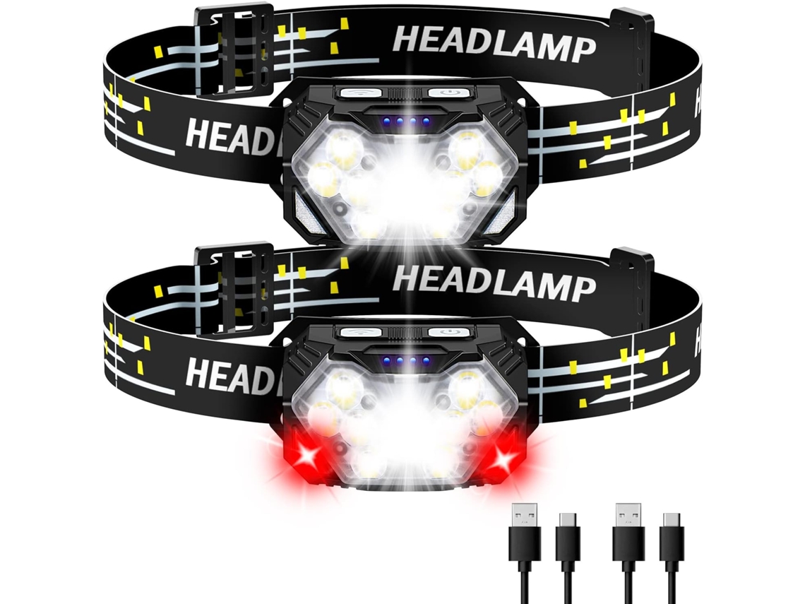 Kit Com 2 Lanternas De Cabeça De 9 Leds, 2000lm, Recarregáveis ​​via Usb-c, Com Sensor E 10 Modos (pretas)