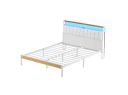 Estrutura De Cama, 140 X 190 Com Base Em Metal, Cama Para 2 Pessoas, Com Luzes Led E Tomadas Múltiplas (1 Tomada Ca, 2 Portas Usb), Cama De Casal Em