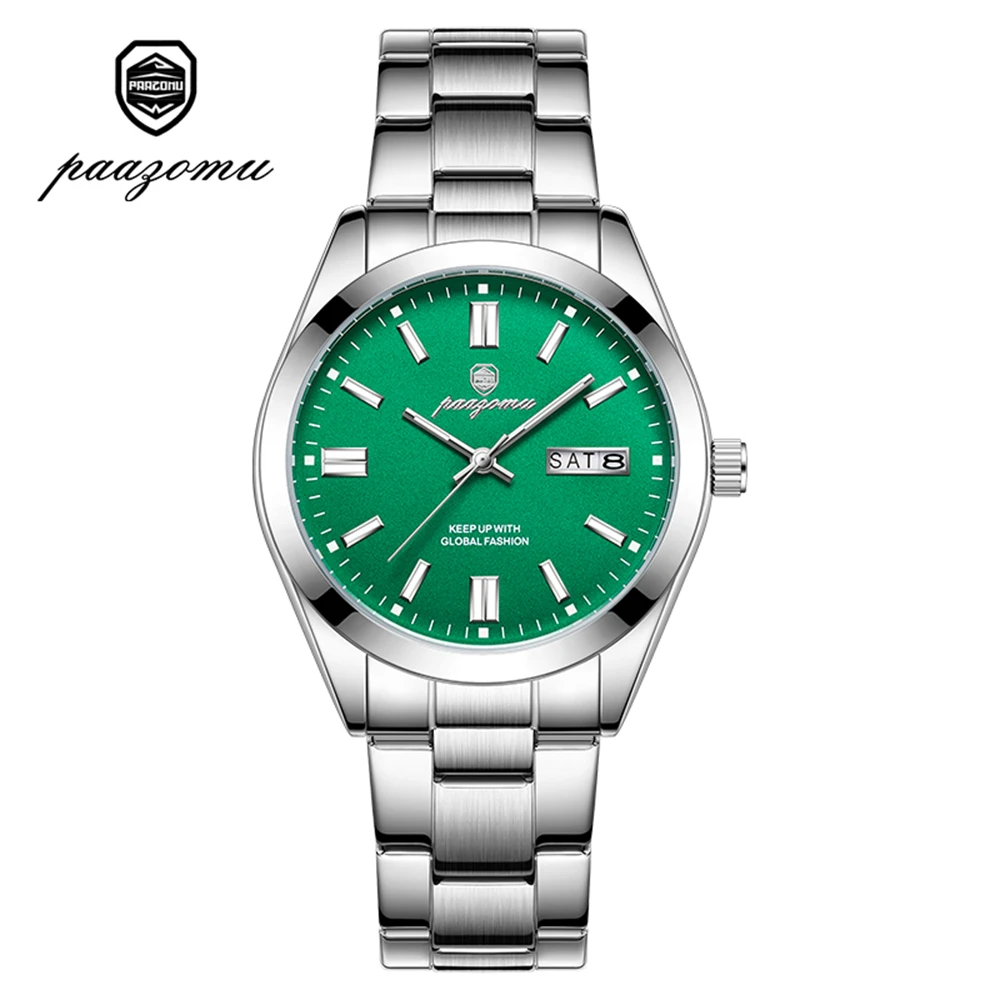 Relógio De Quartzo Casual Elegante, À Prova D'água (verde Prateado), Com Data E Dia Da Semana.