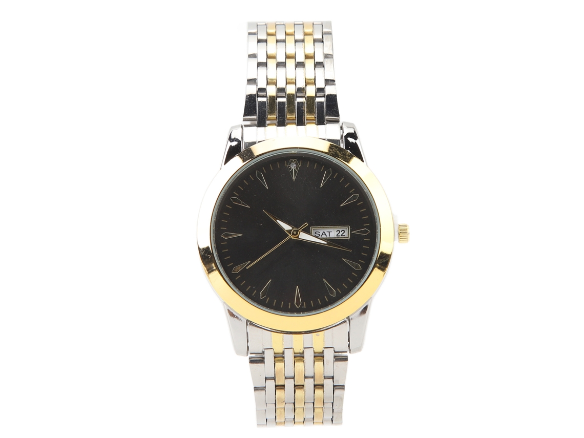 Reloj Hombre De Cuarzo Clásico Con Doble Fecha Estilo Elegante Correa Acero Inoxidable Oro Plata Dial Negro