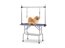 Mesa de tosa para animais de estimação, dobrável, com prateleira de armazenamento, estrutura de aço, altura ajustável, 107 x 60 x 170 cm