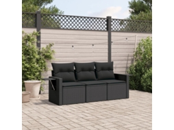 Conjunto de 3 Sofás de Jardim com Almofadões Vime Pe Preto Dkd Home Decor
