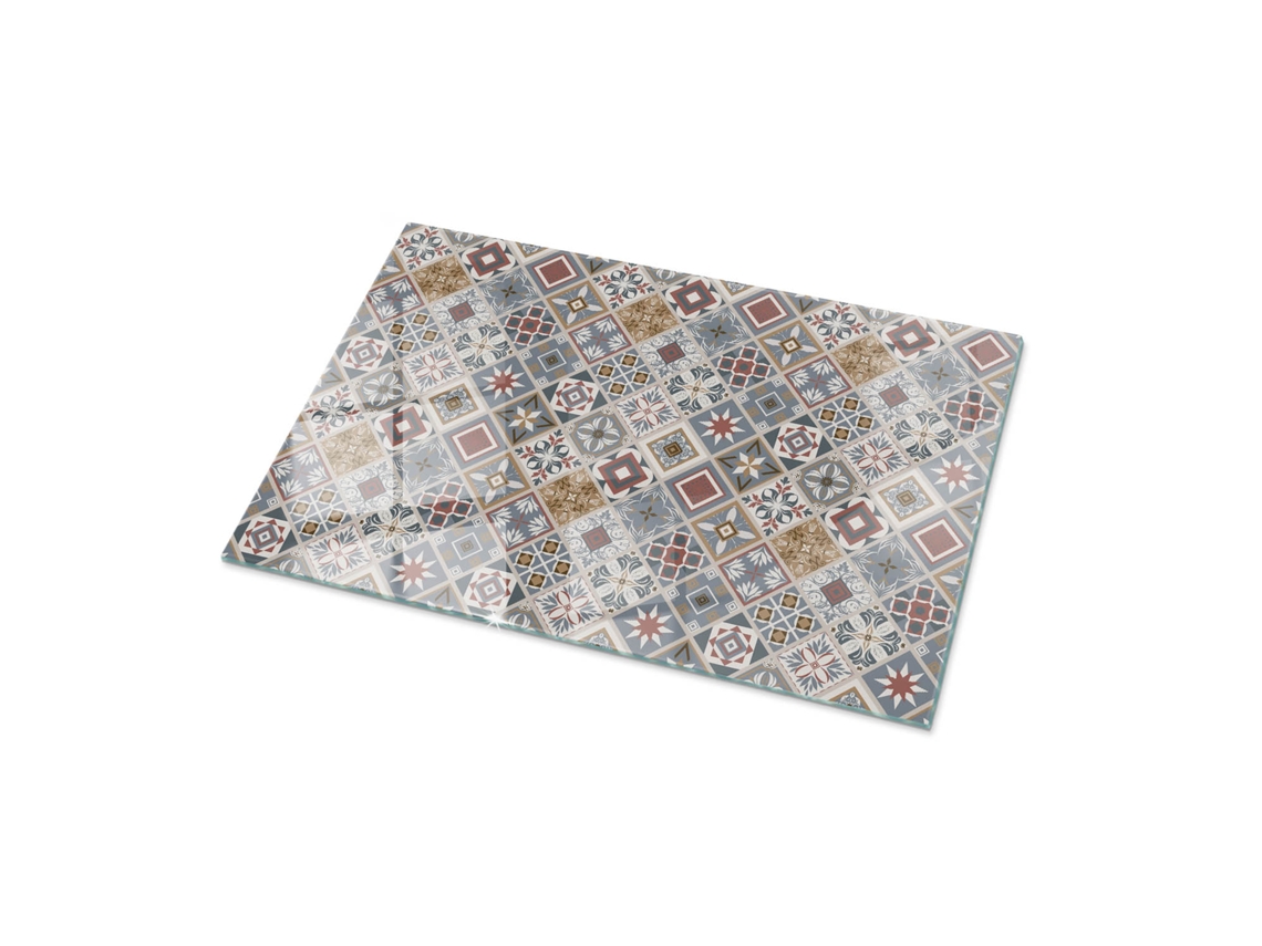 Tampo De Vidro Retangular Espelharte (100x70 Cm - Padrão De Mosaico Com Ornamentos - Cinza)