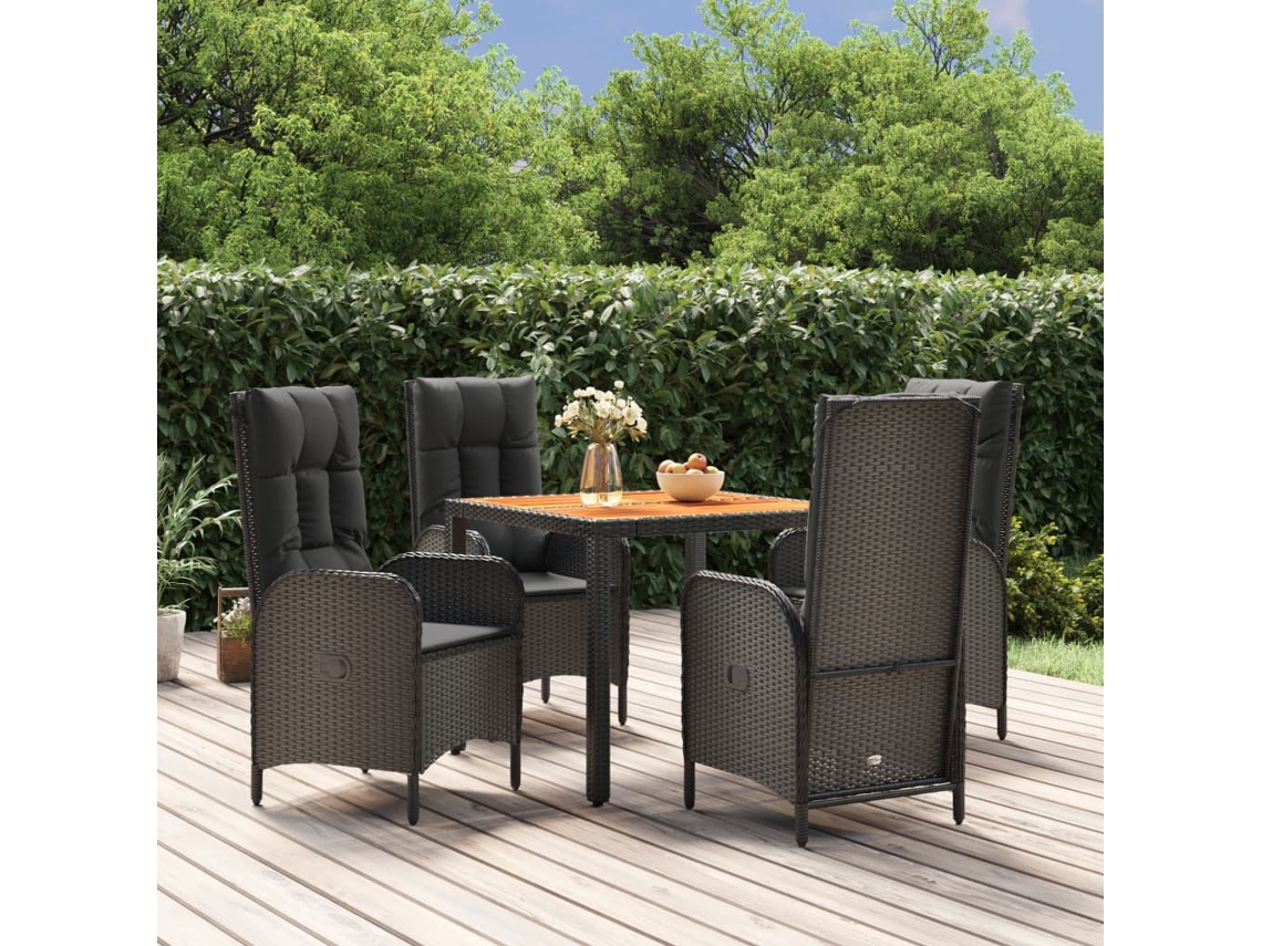 Vidaxl 5 Pcs Conjunto De Jantar P/ Jardim C/ Almofadões Vime Pe Preto
