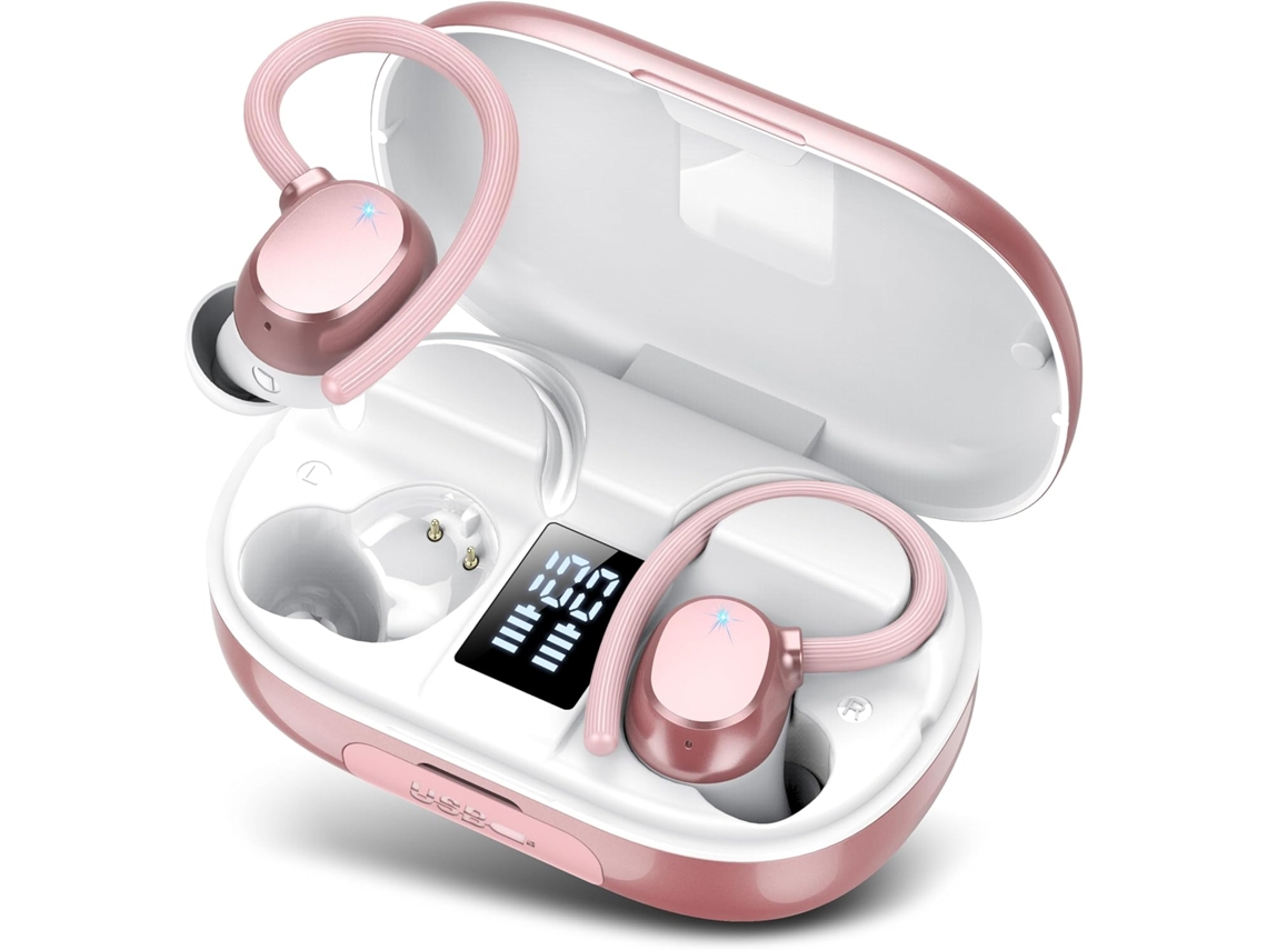 Fones Esportivos ZYBLSSBB rosa, Bluetooth 5.3, 128h, tela LED, 4 microfones, IPX7, ganchos