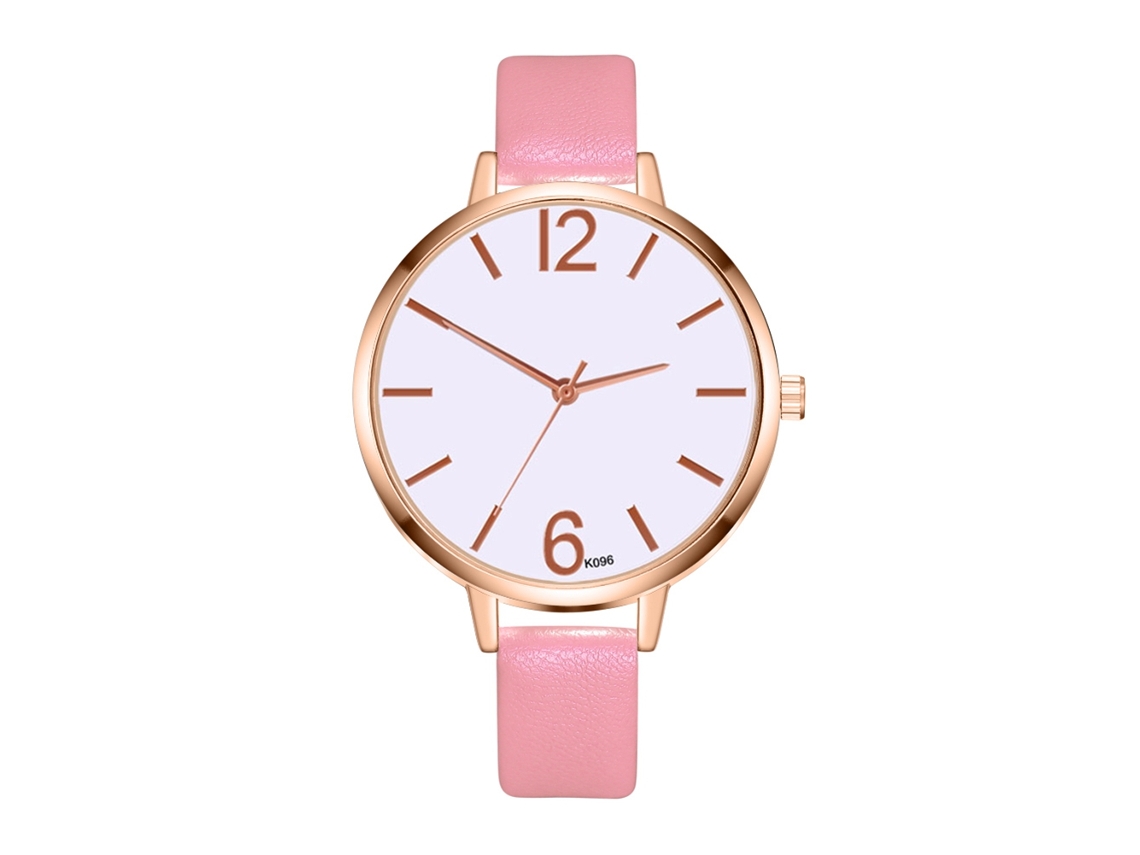 Relógio de Pulso Feminino de Moda com Pulseira de Couro Pu e Mostrador Redondo Rosa