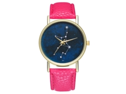 Relógio de quartzo com pulseira de couro PU, mostrador redondo moderno, céu estrelado, vermelho e rosa.