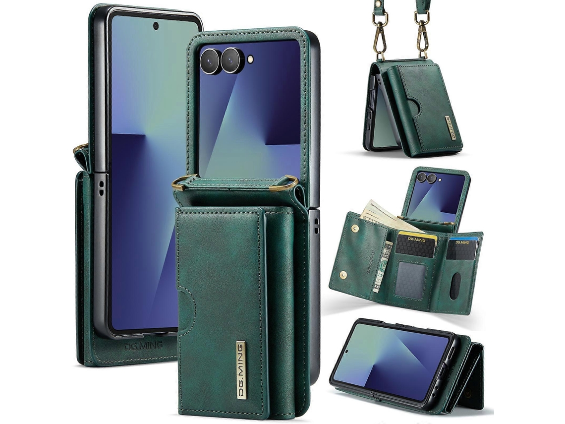Dg.ming Série M6 Rfid Bolsa Tripla Para Cartões Capa De Couro Removível Para Celular Com Cordão Longo Para Samsung Galaxy Z Flip7 5g