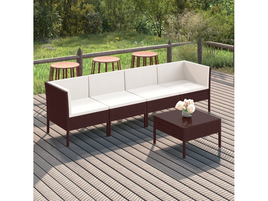 Vidaxl 5 Pcs Conjunto Lounge Jardim C/ Almofadões Vime Pe Castanho