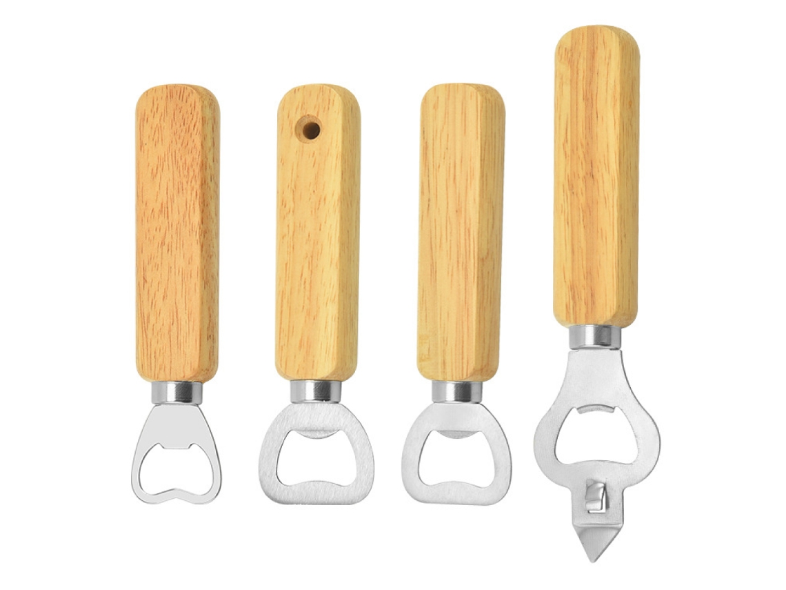 Abridor de Cozinha Multifuncional de 4 Peças em Aço Inoxidável com Cabo Madeira, Vinho Tinto. - aquaforge