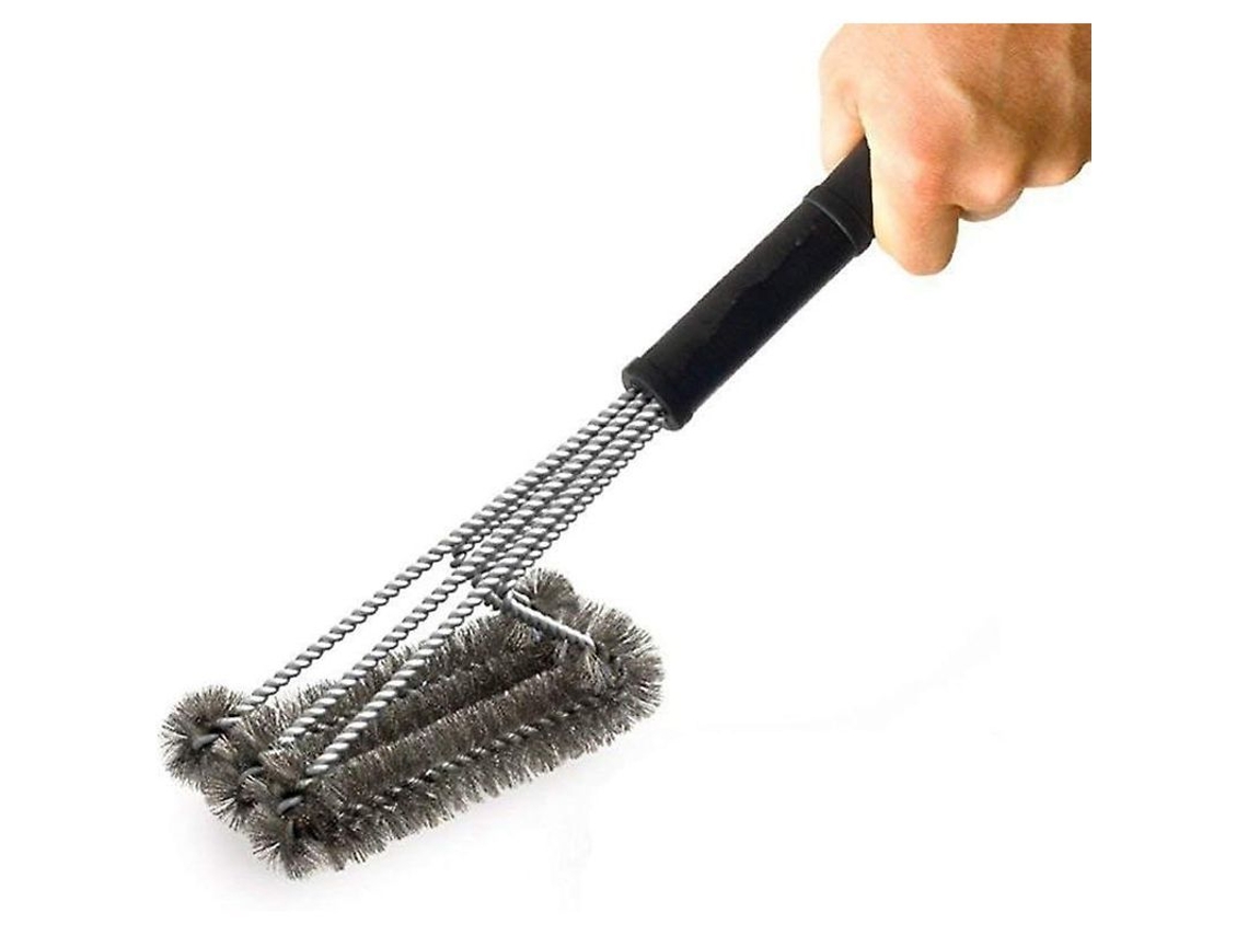 Vassoura de limpeza para churrasqueira resistente em aço inoxidável com cerdas duráveis para grelhas a gás, carvão e outros tipos de churrasqueiras.