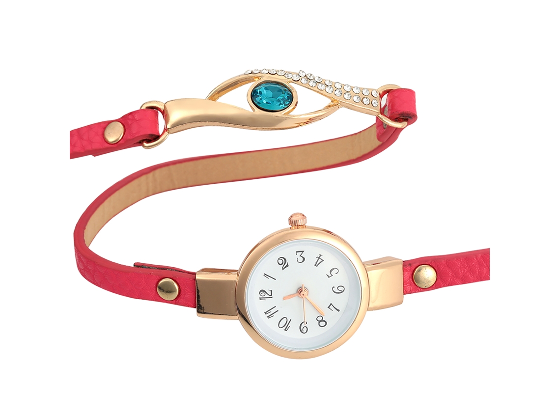 Relógio Pulseira Feminino de Quartzo com Strass Pulseira Pu Ajustável Rosa Vermelho