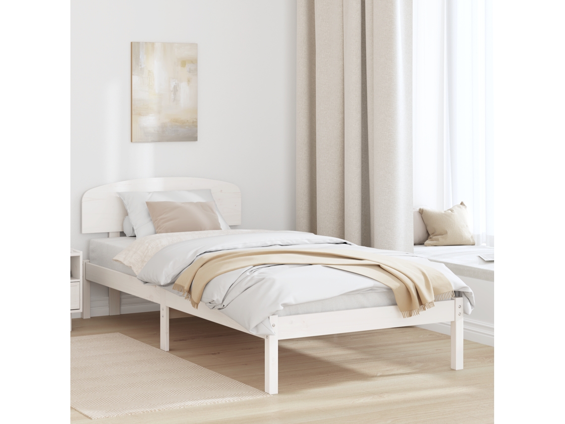 Estrado De Cama Com Cabeceira Branca 90x190 Cm Madeira Maciça De Pinho