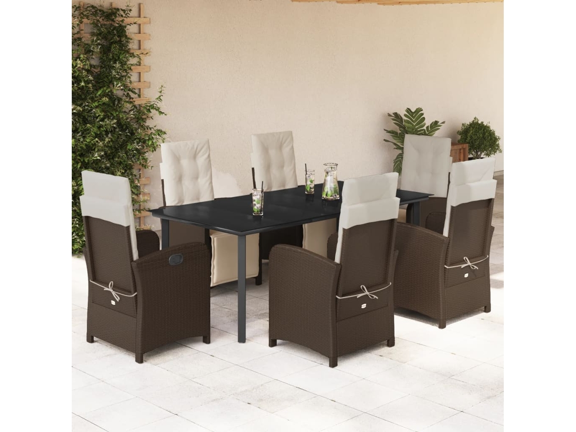 Vidaxl 7 Pcs Conjunto Jantar P/ Jardim C/ Almofadões Vime Pe Castanho