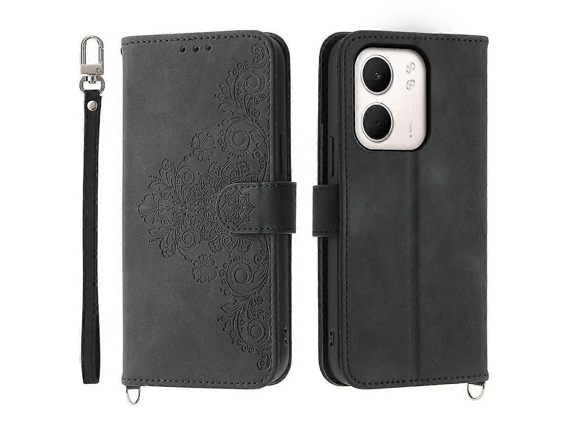 Capa Tipo Carteira De Couro Sintético Com Estampa Floral E Alça Preta Para Oppo A5x 5g 4g