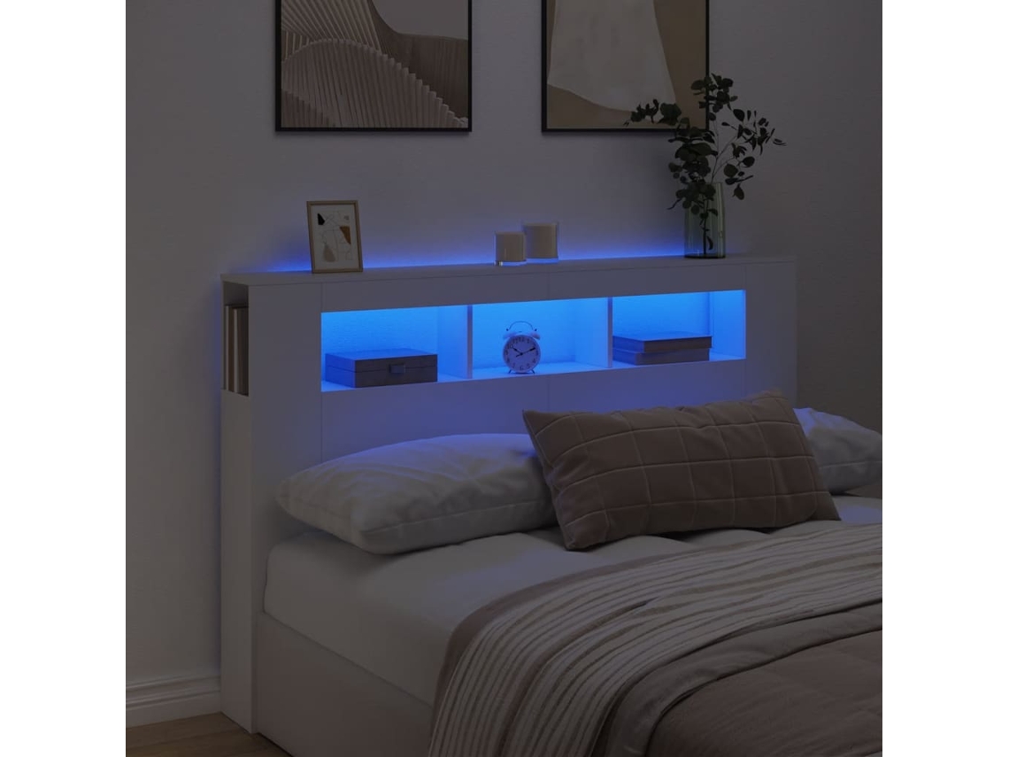 Vidaxl Cabeceira Cama C/ Leds 160x18,5x103,5 Cm Deriv. Madeira Branco