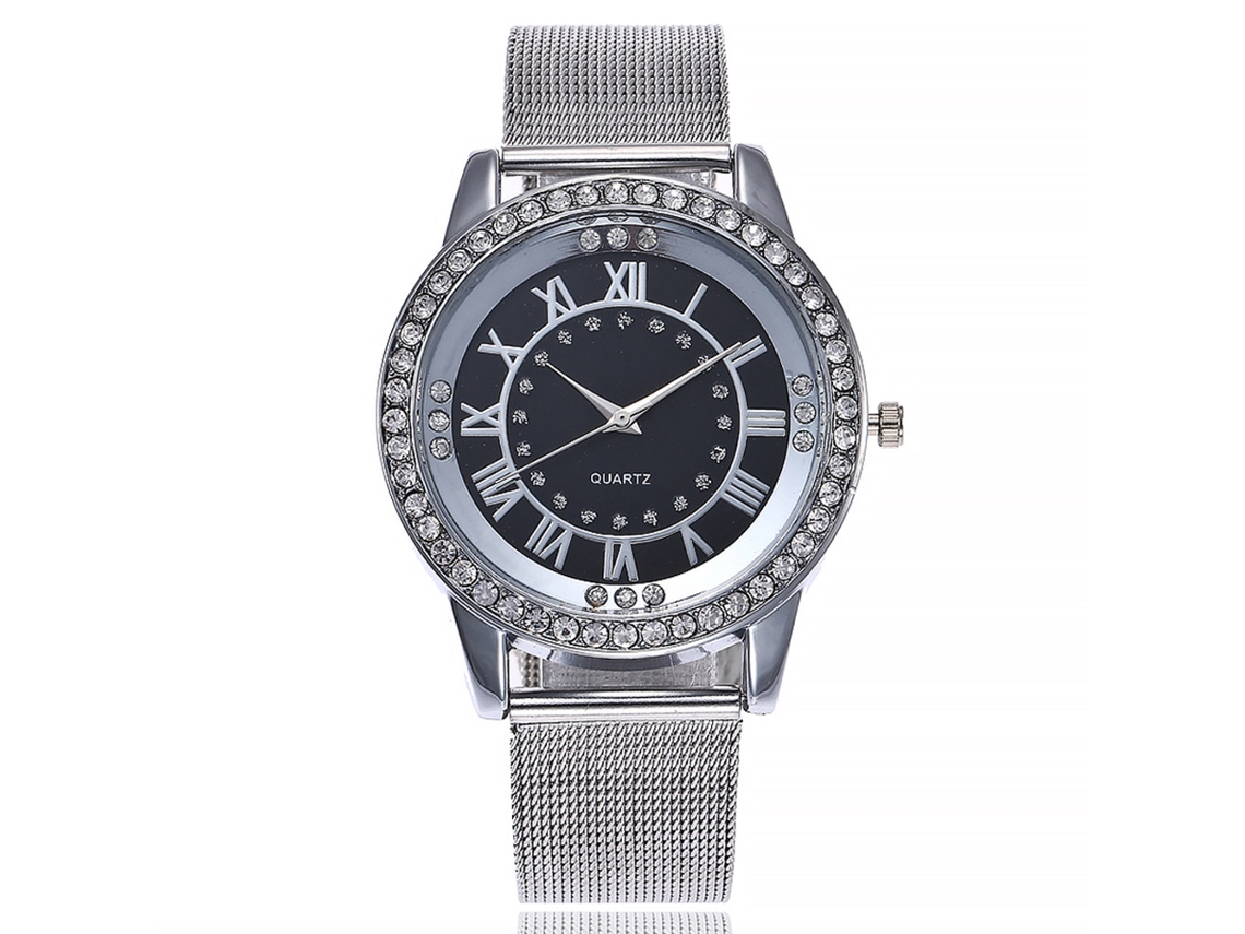 Relógio Quartz Feminino Vansvar Pulseira de Malha de Aço Números Romanos Prata Preta