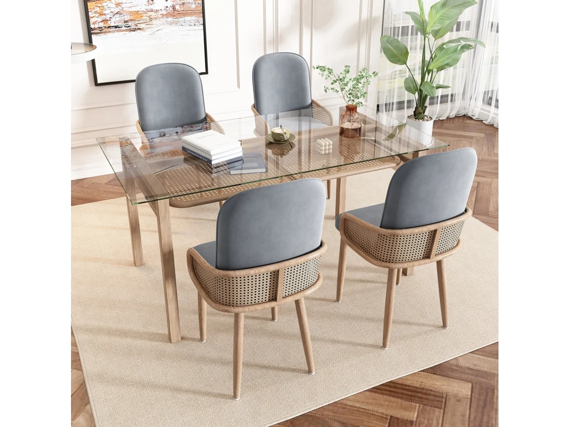 Conjunto 4 Cadeiras Veludo Braços Rotim - 4 Pernas Metal Natural - Cinzento