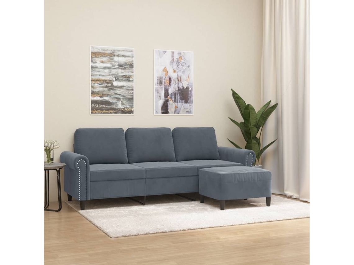 Vidaxl Sofá De 3 Lugares Com Apoio De Pés 180 Cm Veludo Cinza-escuro