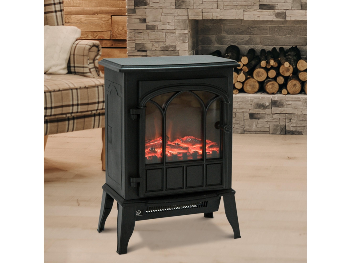 Aquecedor Elétrico Preto 2000w Com Efeito De Chama Ajustável E Proteção Contra Superaquecimento Para Ambientes De 15 A 30 M² - 1000w/2000w