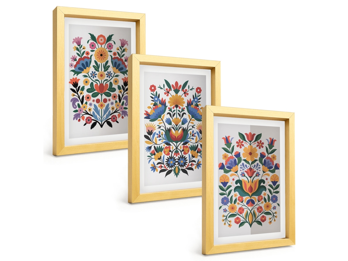 Um Conjunto De Imagens Decorativas Em Uma Moldurapadrões Florais Intensos Moldura Dourada Pinturas De Quarto Espelharte (3 Peças 20x30 Cm)