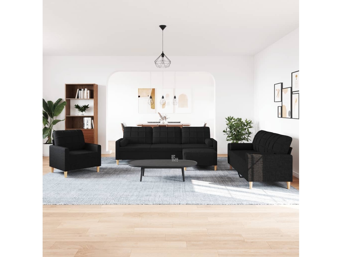4 Pcs Conjunto de Sofás C/ Almofadas/apoio Pés Tecido Preto SYFAX