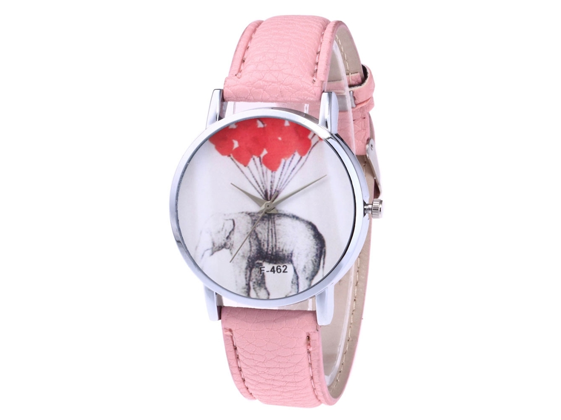 Relógio de Quartzo com Pulseira de Couro Padrão de Elefante Universal Simples Decorativo Rosa