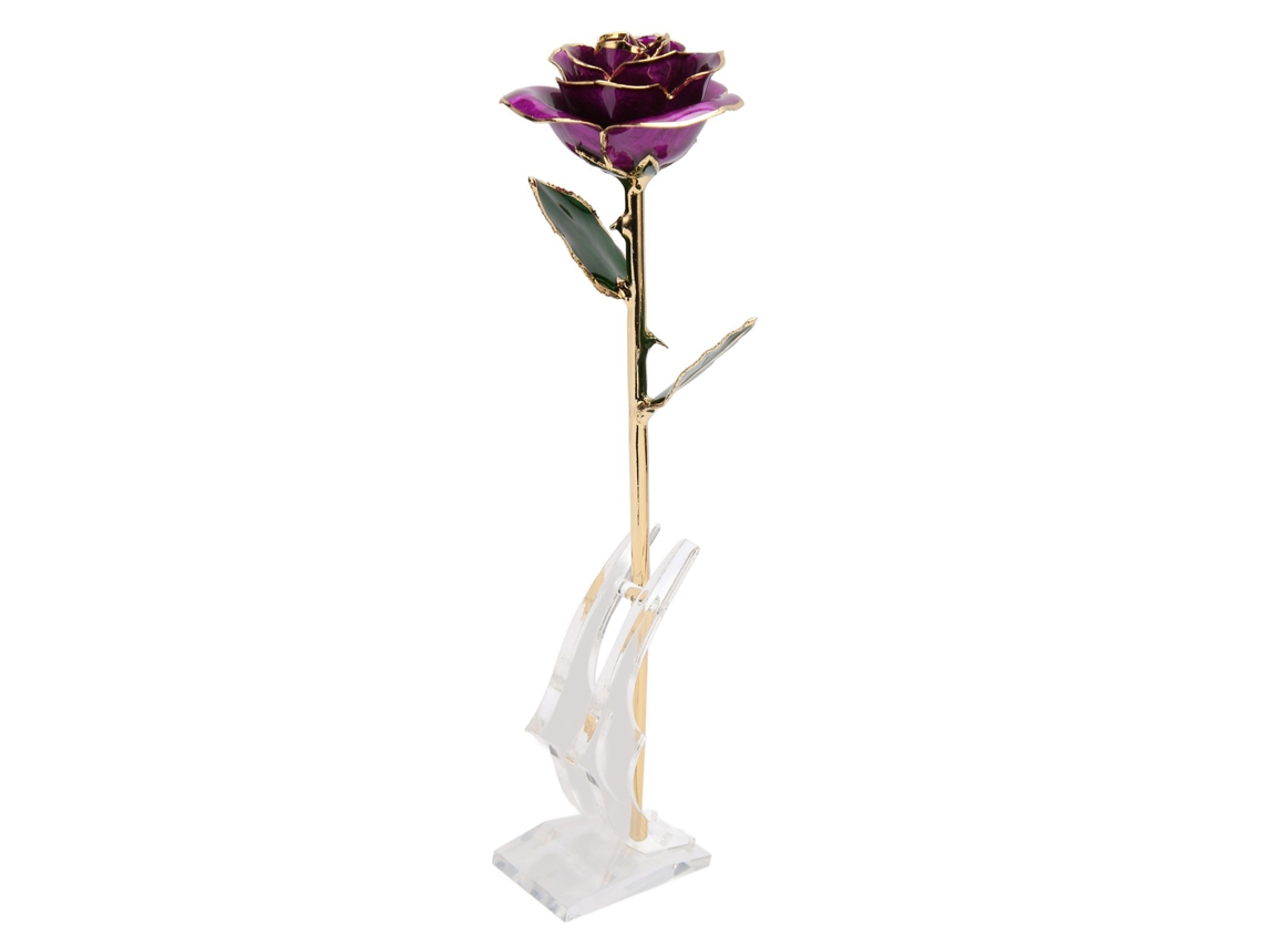 Rosa Artificial de Ouro 24k com Base Presente Aniversário Dia Mãe Roxa