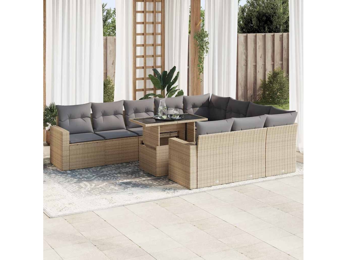 Vidaxl 11 Pcs Conjunto Sofás De Jardim C/ Almofadões Vime Pe Bege