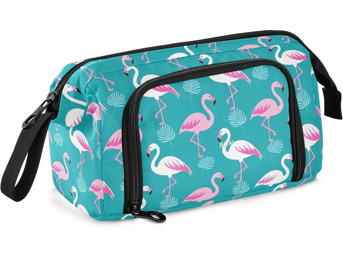 Estojo Elegante com Estampa de Flamingo Rosa, nas Cores Pêssego e Ciano, Grande Capacidade Porta lápis Multifu