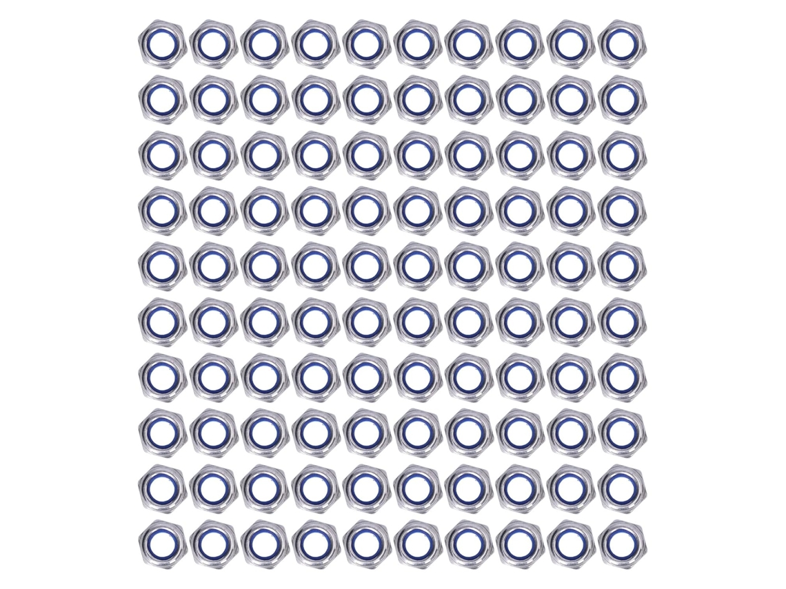 Kit Com 100 Porcas De Segurança Inserto Nylon Em Aço Inoxidável, Tamanhos M3, M4, M5, M6, M8, M10 E M12, Para