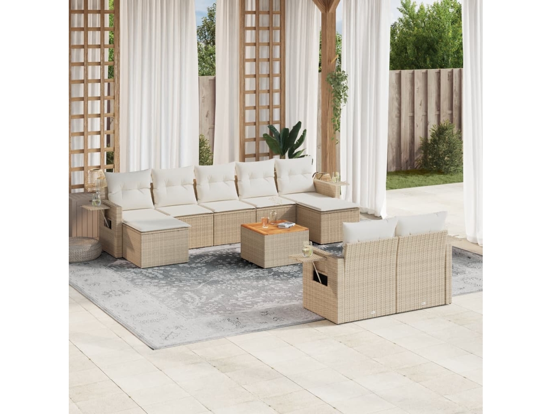Vidaxl 10 Pcs Conjunto De Sofás P/ Jardim Com Almofadões Vime Pe Bege