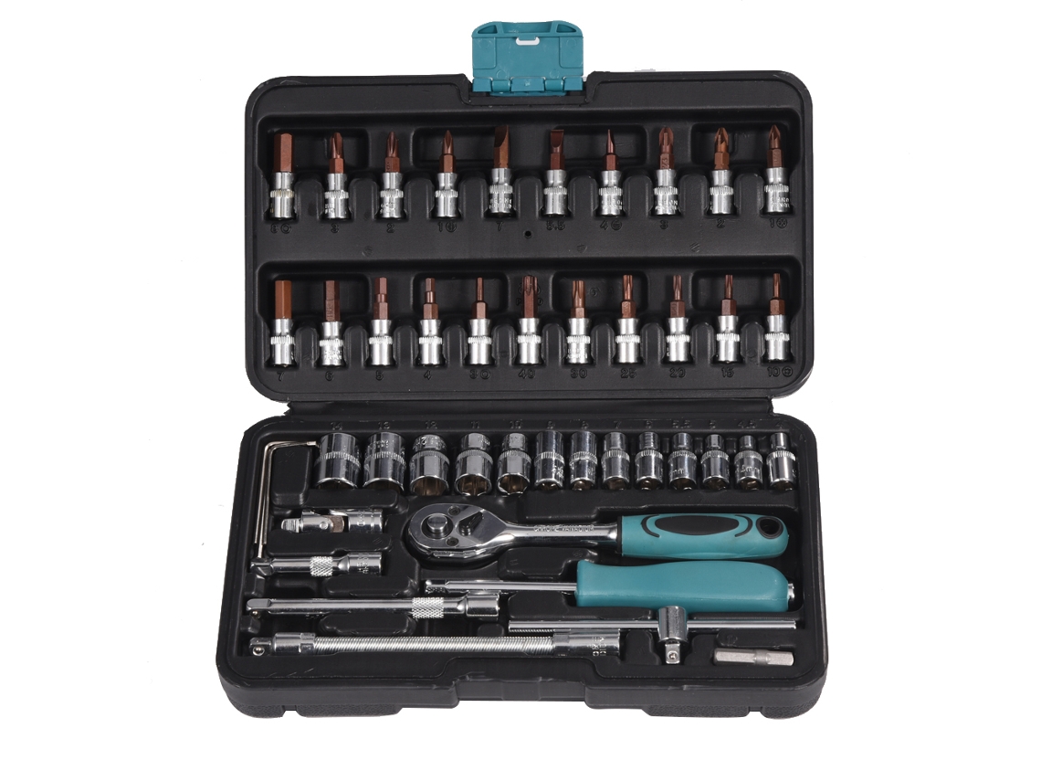 Kit De Ferramentas De Reparação De Carro Doméstico Com 46 Peças: Bits, Chave, Parafusador, Racha, Aço Crv