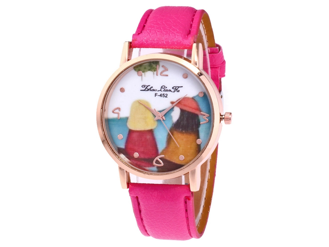 Reloj De Cuarzo De Pareja Con Correa De Cuero Pu Patrón Cartoon Zhoulianfa Rojo Rosa