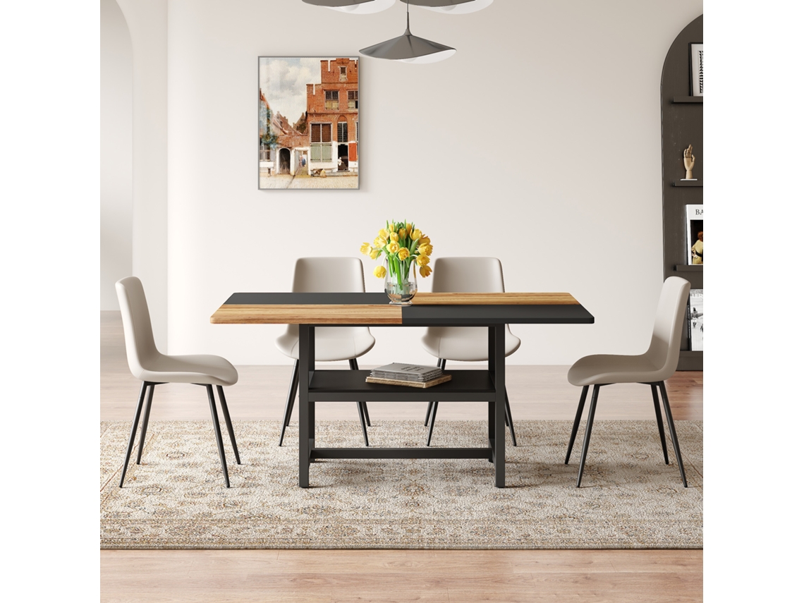 Conjunto Mesa 160cm + 4 Cadeiras Pu Cinza Quente, Almofadas Alargadas.-qq